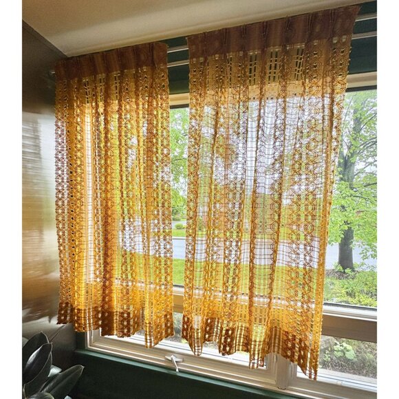 Vintage 70s pleated curtains, orange mesh, open weave geometric, pair - Picture 2 of 10